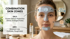 Illustration showing the oily T-zone and dry cheeks managed by a balancing toner for combination skin.