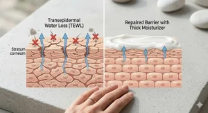 A diagram showing a compromised skin barrier and how a thick moisturizer seals in moisture.