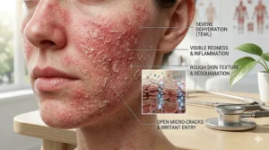 Visual representation of skin barrier damage symptoms like redness, flaking, and irritation.