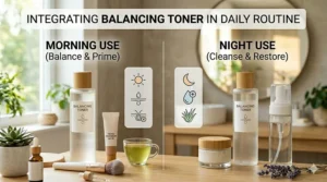 Icons representing the use of a balancing toner in both morning and evening skincare routines.