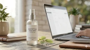 A mattifying face mist sitting on an office desk next to a laptop for quick midday touch-ups.