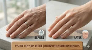 Side-by-side comparison of flaky, dry skin versus smooth, hydrated skin after using a rich moisturizer.