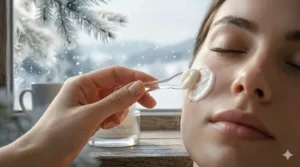 A highly detailed 4K photorealistic illustration showing the gentle application of ultra hydrating cream for winter dryness using a glass spatula.