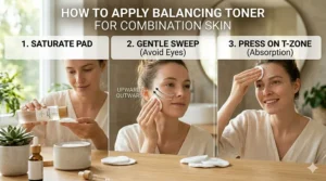 Step-by-step guide on applying balancing toner for combination skin using a gentle sweeping motion.