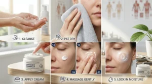 Step-by-step illustration of the correct way to apply a dermatologist-formulated repair cream.