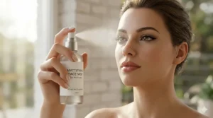 Illustration of a woman holding a face mist 10 inches away from her face for an even touch-up.