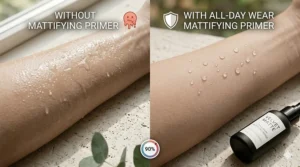 A graphic showing the primer's resistance to sweat and humidity, ensuring all day wear in hot weather.