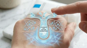 Infographic explaining how hyaluronic acid provides oil-free hydration by pulling moisture into the skin.