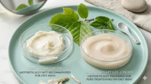 A comparison of a heavy oily cream versus a water-based gel cream suitable for tightening pores without clogging them.