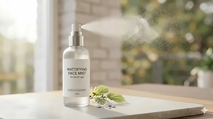 A professional bottle of mattifying face mist for touch-ups with a fine water spray mist in the background.