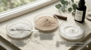 An icon-based graphic highlighting oil-absorbing ingredients like silica or clay found in the primer.