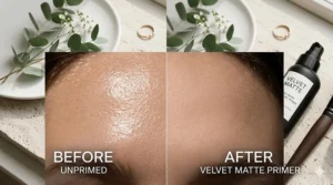 Side-by-side comparison of a forehead with oily shine versus a matte finish using a mattifying primer.