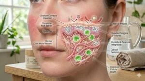 A conceptual microscopic view of skin cells showing a reduction in redness and inflammation after applying a calming cream.