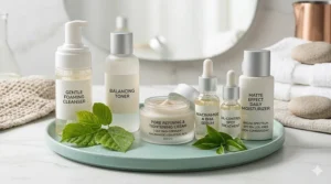 A sequence of products including a cleanser, toner, and pore tightening cream for a daily oily skin regimen.