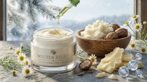 A highly detailed 4K photorealistic illustration showing raw shea butter, ceramides, and chamomile being mixed into the ultra hydrating cream for winter dryness.