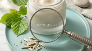 A magnifying glass hovering over a non-comedogenic label on a skincare bottle to emphasize safety for oily, acne-prone skin.