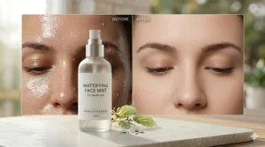 Split screen showing a shiny forehead before and a matte finish after using a mattifying face mist for touch-ups.