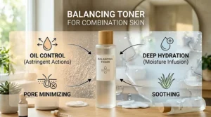 A split-screen visual showing oil control on the forehead and deep hydration on the cheeks.