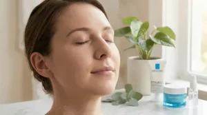 Illustration of a person in a warm, humid climate using an oil-free moisturizer to prevent a greasy face.