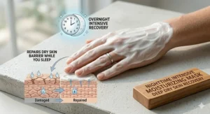 A person applying a generous layer of thick moisturizer as an overnight intensive treatment for dry skin.