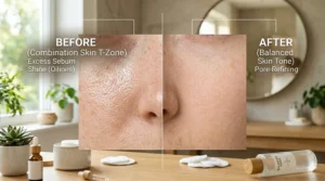 Close-up illustration of skin texture before and after using a balancing toner to minimize pores.
