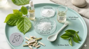 A flat lay of active ingredients like salicylic acid and niacinamide used in pore tightening creams for oily skin.