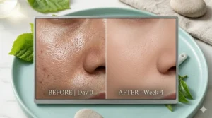 A visual representation of skin texture improvements after four weeks of using a pore tightening cream for oily skin.