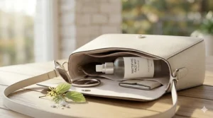 A compact mattifying face mist for touch-ups tucked into a small designer handbag for daily travel.