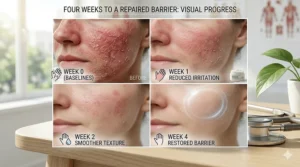Close-up illustration of smooth, hydrated skin texture after using a barrier repair cream for four weeks.
