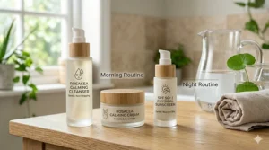 A visual timeline showing the application of a rosacea calming cream as part of a morning and evening skincare regimen.