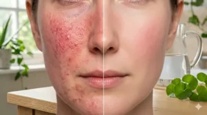 Illustration showing a split view of facial skin with visible redness on one side and calmed, even-toned skin after using rosacea calming cream on the other.