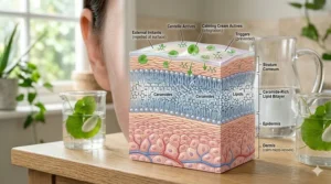 A diagram illustrating how a rosacea calming cream strengthens the skin barrier to protect against environmental triggers.