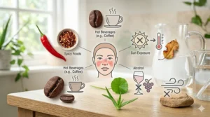 Icons representing sun exposure, spicy food, and heat that require the use of a rosacea calming cream for relief.