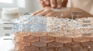 Diagram showing how ceramides act as the mortar between skin cells to prevent moisture loss.