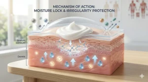 Illustration showing skin barrier repair cream locking in moisture and blocking external irritants.