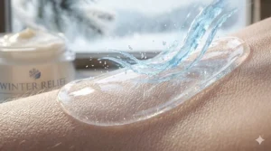 An illustration in a 4K photorealistic style showing how the ultra hydrating cream for winter dryness creates a protective barrier against cold winter air at a microscopic level.