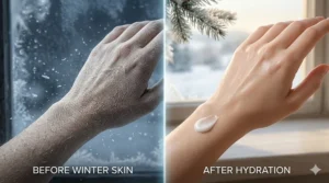A photorealistic 4K illustration comparing severe winter dry skin texture to intensely hydrated, radiant skin after applying the ultra hydrating cream.