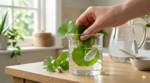 An artistic rendering of botanical ingredients like Aloe Vera and Centella Asiatica used in a rosacea calming cream formula.