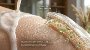 Illustration of a healthy skin barrier protected by a non-irritating facial wash.