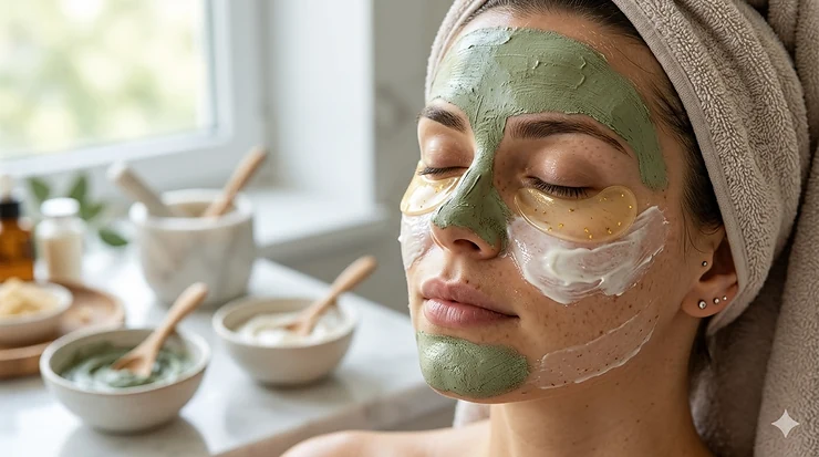 A detailed map of a human face showing different skincare products applied to specific zones like the forehead, T-zone, and under-eyes. targeted treatment for different face areas