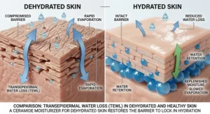 Illustration of water evaporating from a damaged skin barrier due to low ceramide levels.