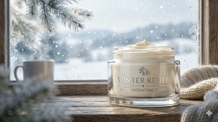 A luxurious jar of ultra hydrating cream for winter dryness set against a snowy window backdrop with a knit scarf.