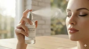 Close-up visual of micro-droplets from a weightless mattifying face mist for touch-ups.