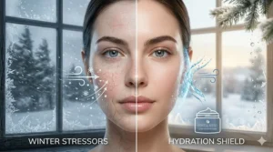A photorealistic illustration showing environmental factors like harsh wind assaulting skin while the ultra hydrating cream for winter dryness provides a barrier.
