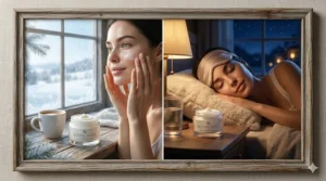A photorealistic illustration showing a split scene of a morning and evening routine featuring the ultra hydrating cream for winter dryness.