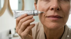 Close-up of a precision tip applicator dispensing deep wrinkle filler cream onto a laugh line.