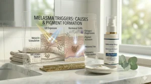 Infographic showing common melasma triggers like hormonal shifts and UV rays that tranexamic acid cream helps to manage.