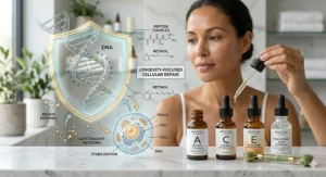 An illustration showing how a longevity focused skincare routine supports cellular repair and DNA protection in skin cells.