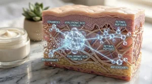 Illustration showing an age-defying daily moisturizer strengthening the skin's natural moisture barrier.