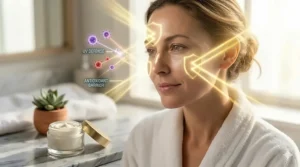 Illustration depicting UV rays bouncing off skin protected by an age-defying daily moisturizer with SPF.